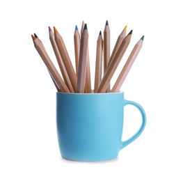 Photo of Colorful pencils in light blue cup on white background