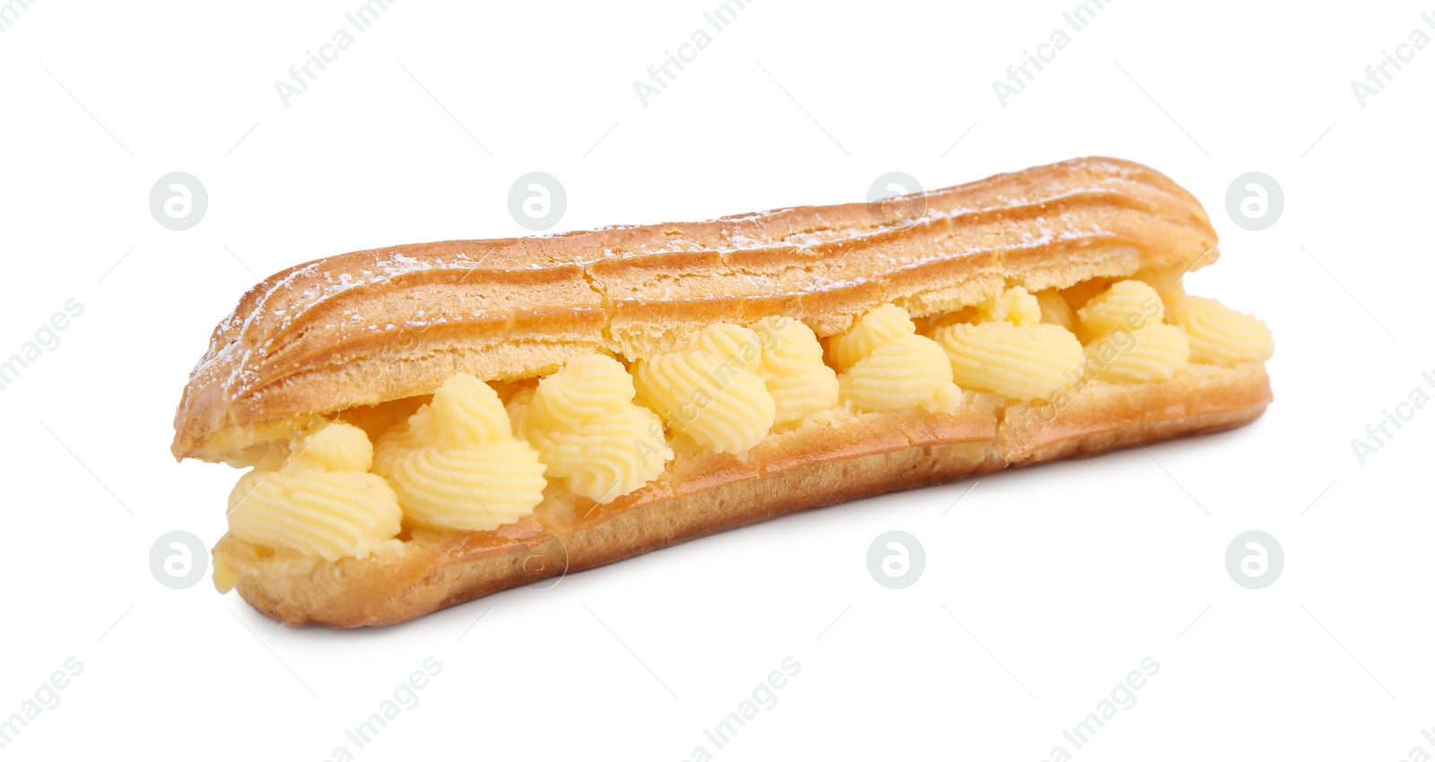 Photo of Delicious eclair filled with cream isolated on white