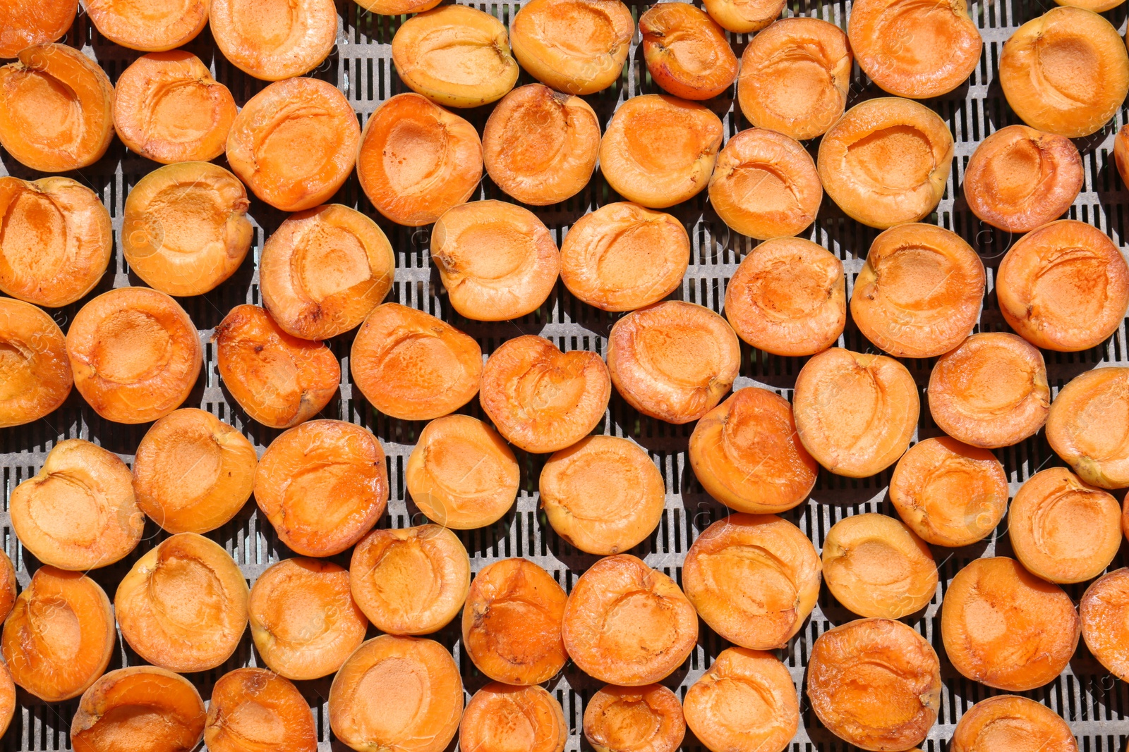 Photo of Many halved apricots on metal drying rack, flat lay