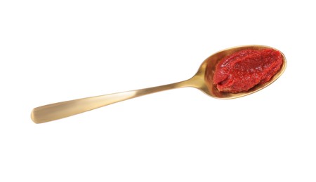 Photo of Spoon of tasty tomato paste isolated on white, top view