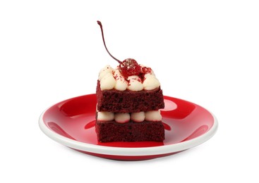 Piece of delicious red velvet cake on white background