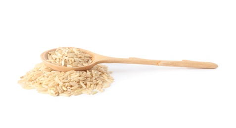 Photo of Spoon and uncooked brown rice on white background