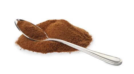 Spoon and chicory powder on white background