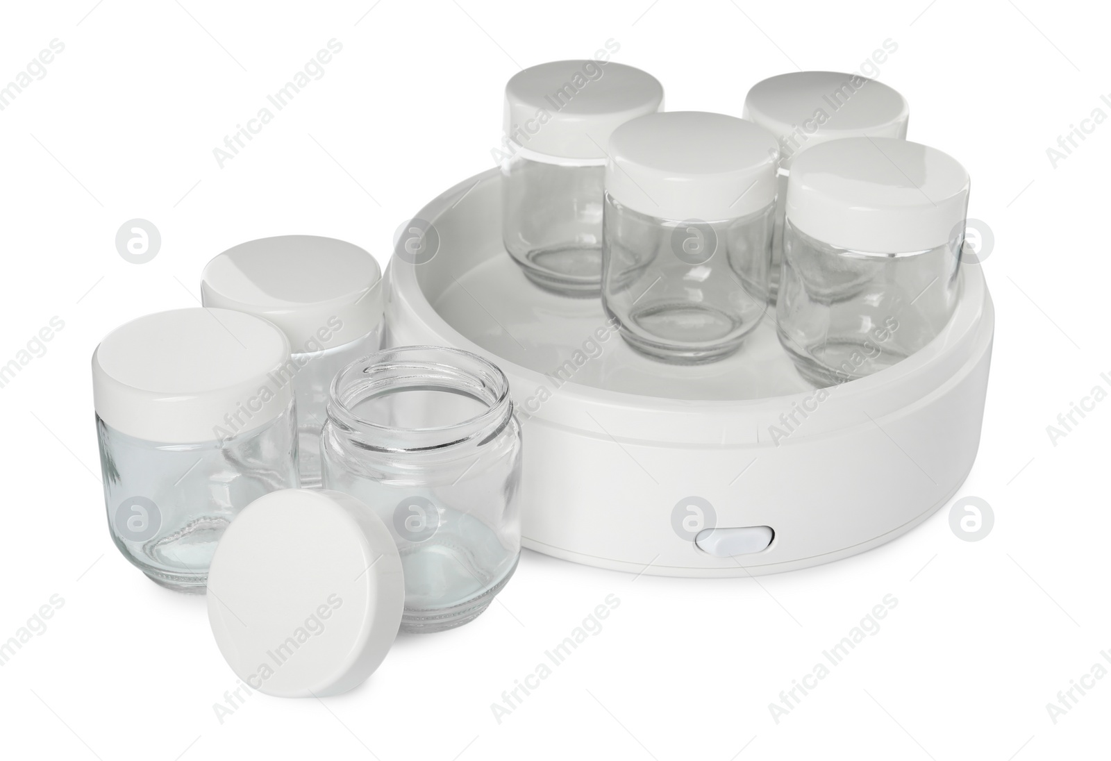 Photo of Modern yogurt maker with empty jars on white background