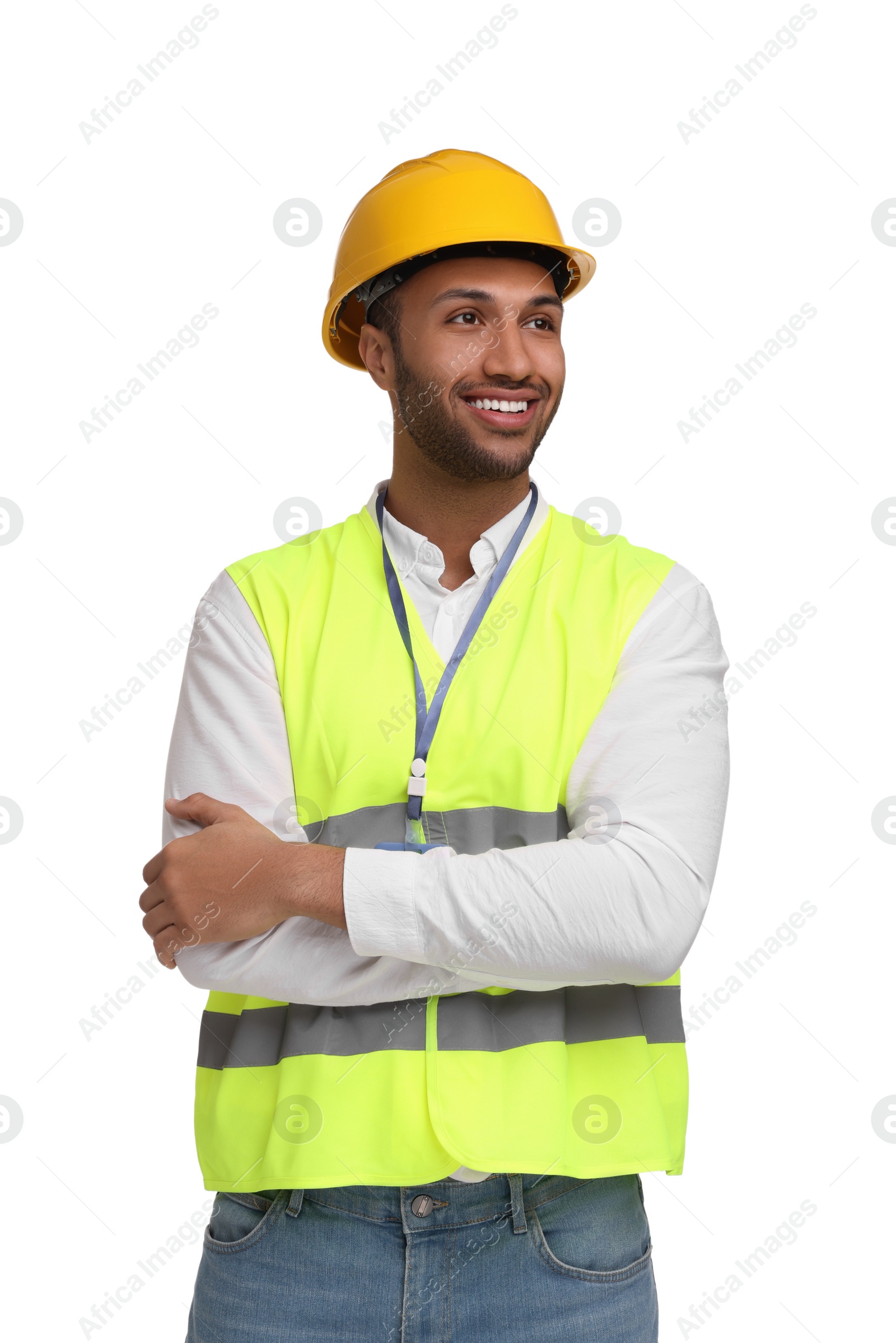 Photo of Engineer in hard hat on white background