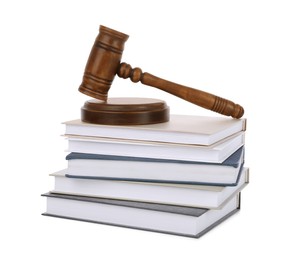 Photo of Wooden gavel and stack of books on white background