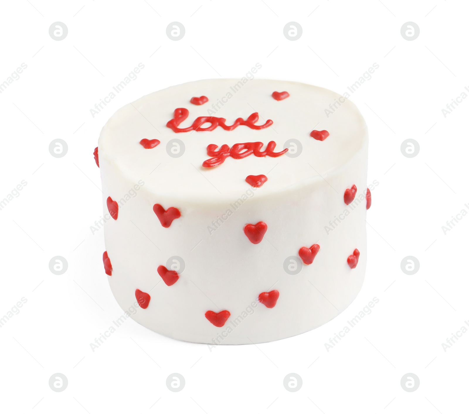 Photo of Bento cake with text Love You isolated on white. St. Valentine's day surprise