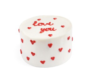 Photo of Bento cake with text Love You isolated on white. St. Valentine's day surprise