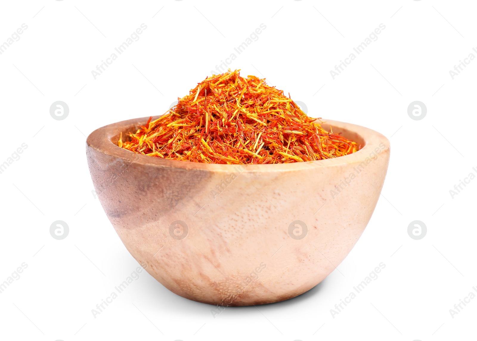 Photo of Aromatic saffron in bowl isolated on white