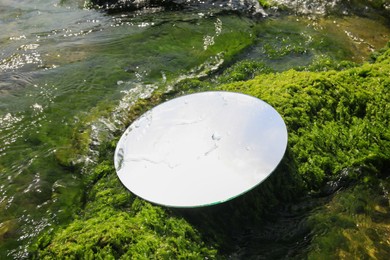 Round mirror on seaweed near sea outdoors