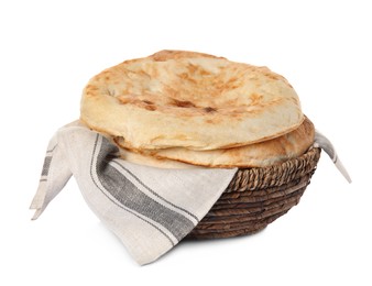 Photo of Wicker bowl with delicious fresh pita bread on white background