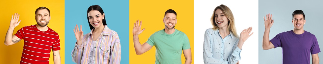 Collage with photos of cheerful people showing hello gesture on different color backgrounds. Banner design