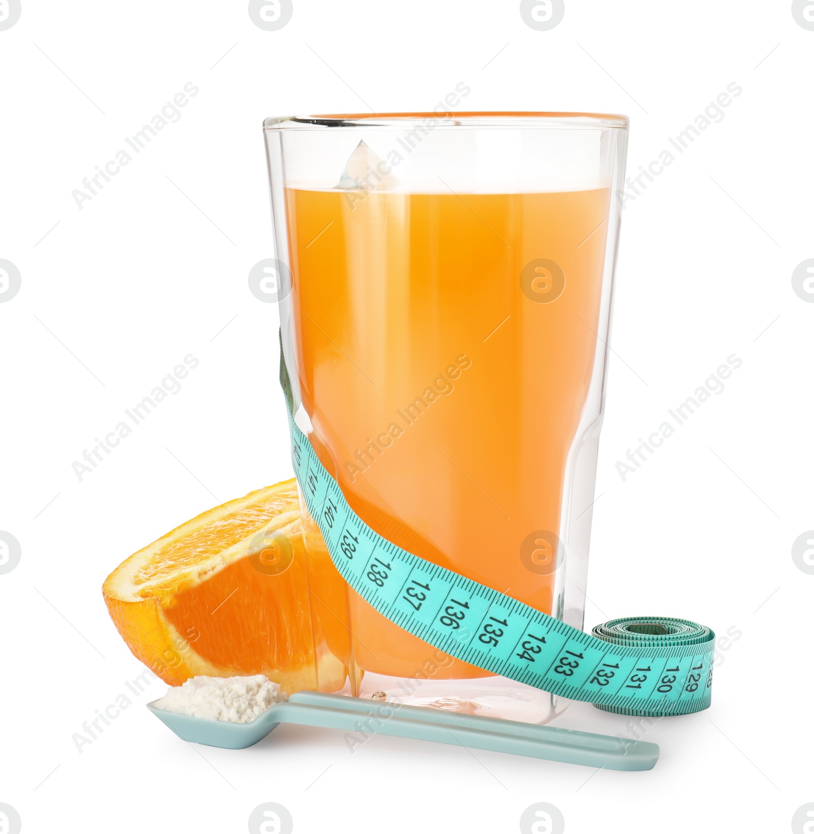 Photo of Tasty shake, cut orange, measuring tape and powder isolated on white. Weight loss