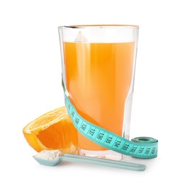 Photo of Tasty shake, cut orange, measuring tape and powder isolated on white. Weight loss
