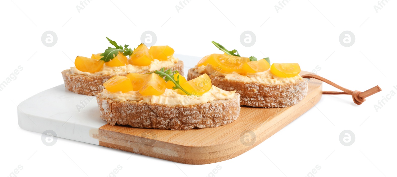 Photo of Tasty fresh tomato bruschettas on white background