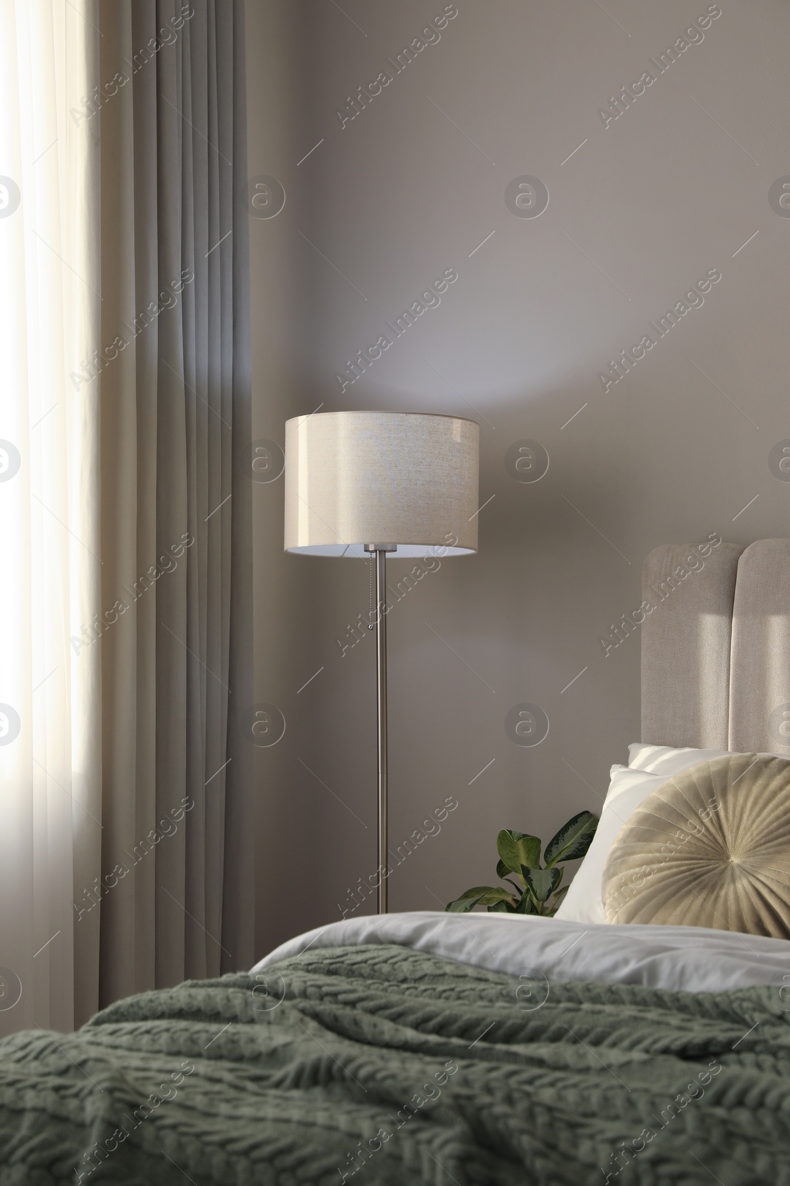 Photo of Stylish floor lamp and plant in bedroom. Interior element