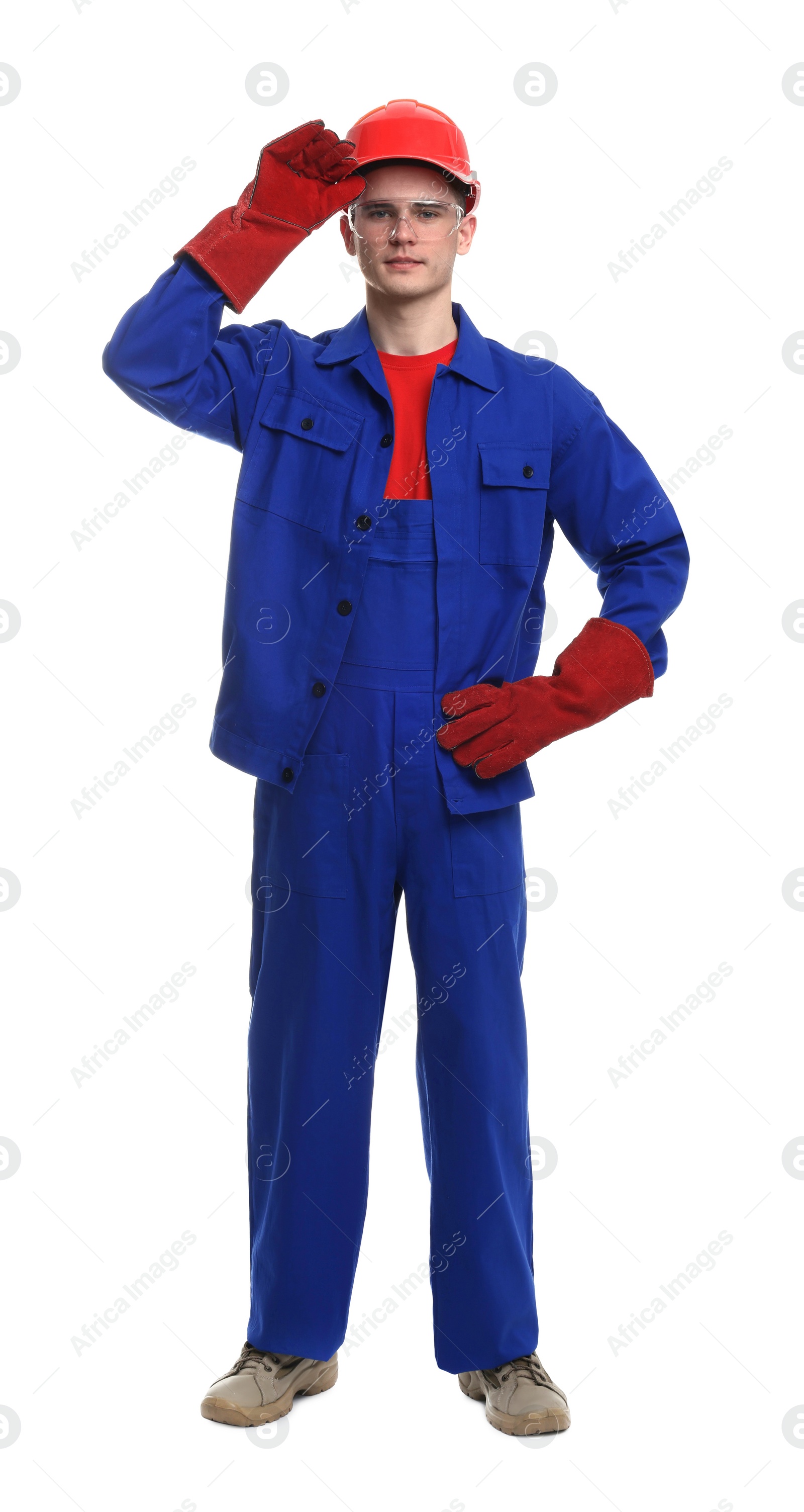 Photo of Young man wearing safety equipment on white background