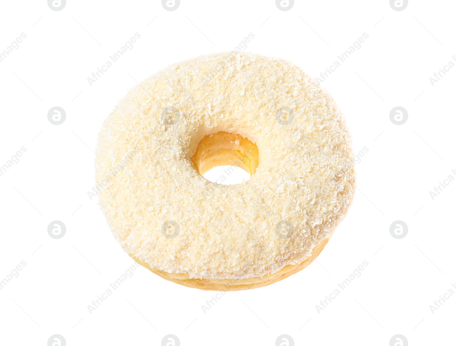 Photo of Sweet tasty glazed donut decorated with coconut powder isolated on white