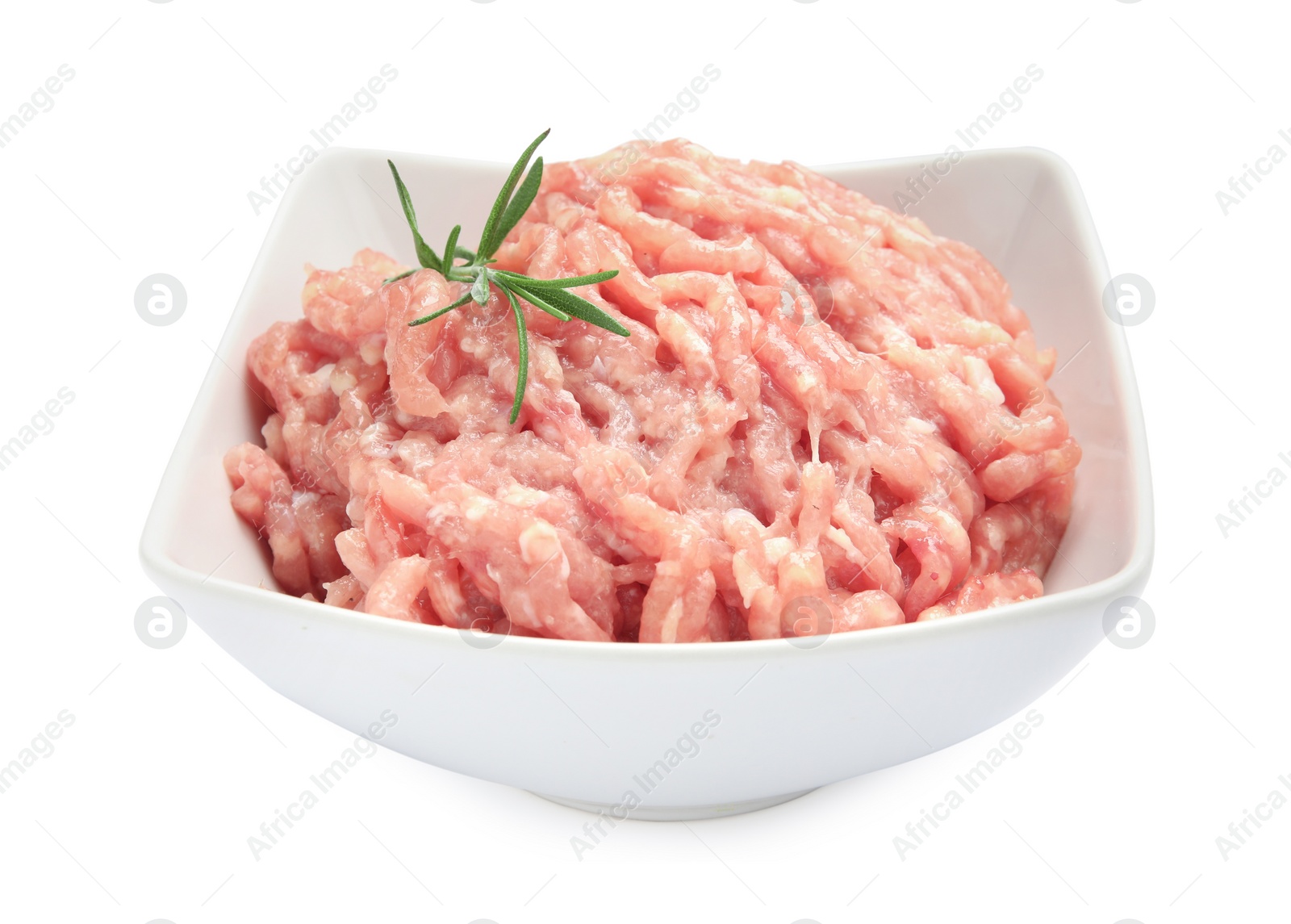 Photo of Raw chicken minced meat with rosemary in bowl on white background