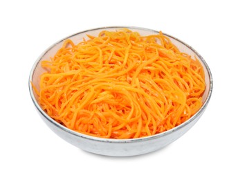 Photo of Delicious Korean carrot salad in bowl isolated on white