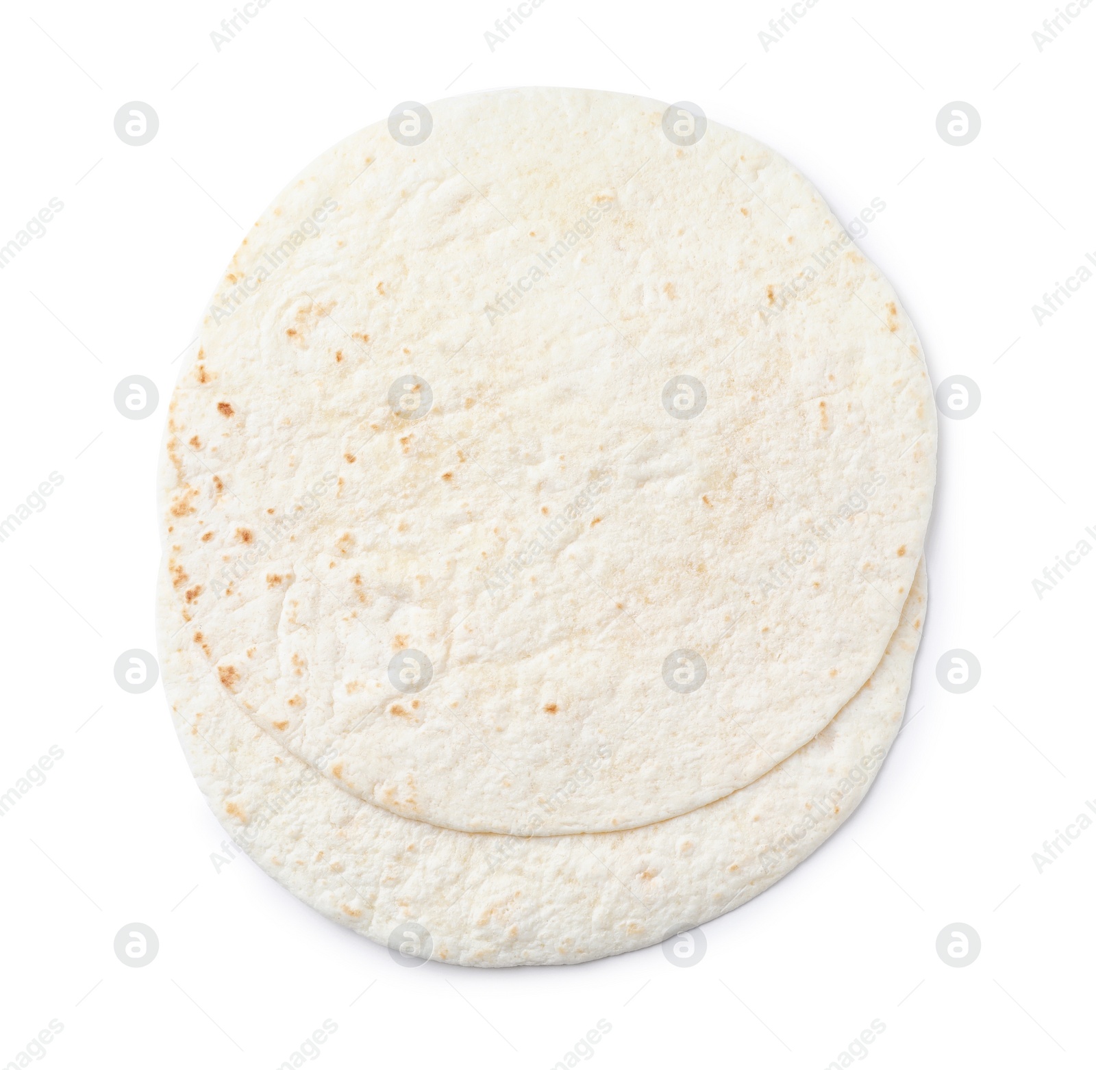 Photo of Corn tortillas on white background, top view. Unleavened bread