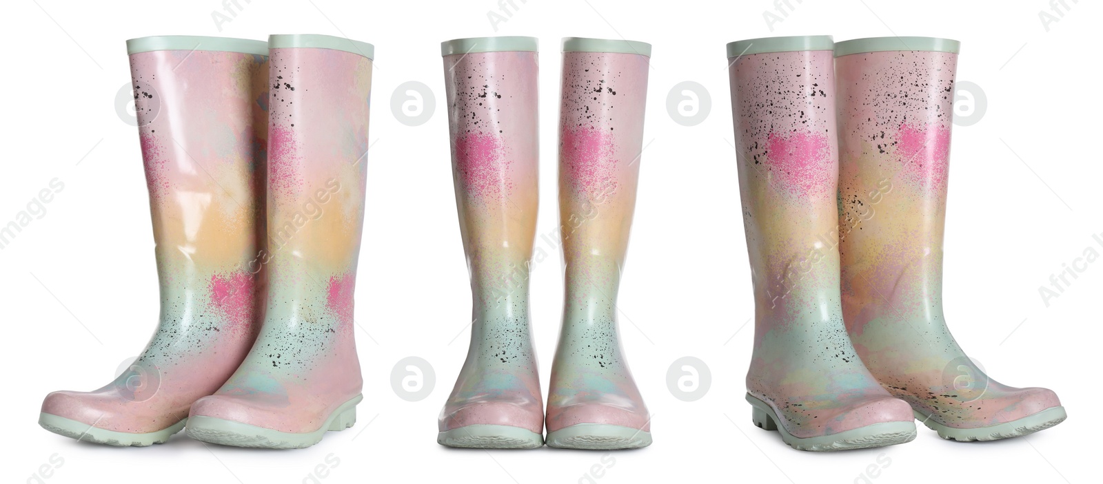 Image of Set with color rubber boots on white background. Banner design