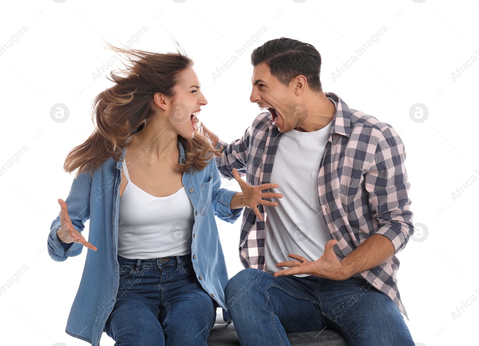 Photo of Couple quarreling on white background. Relationship problems