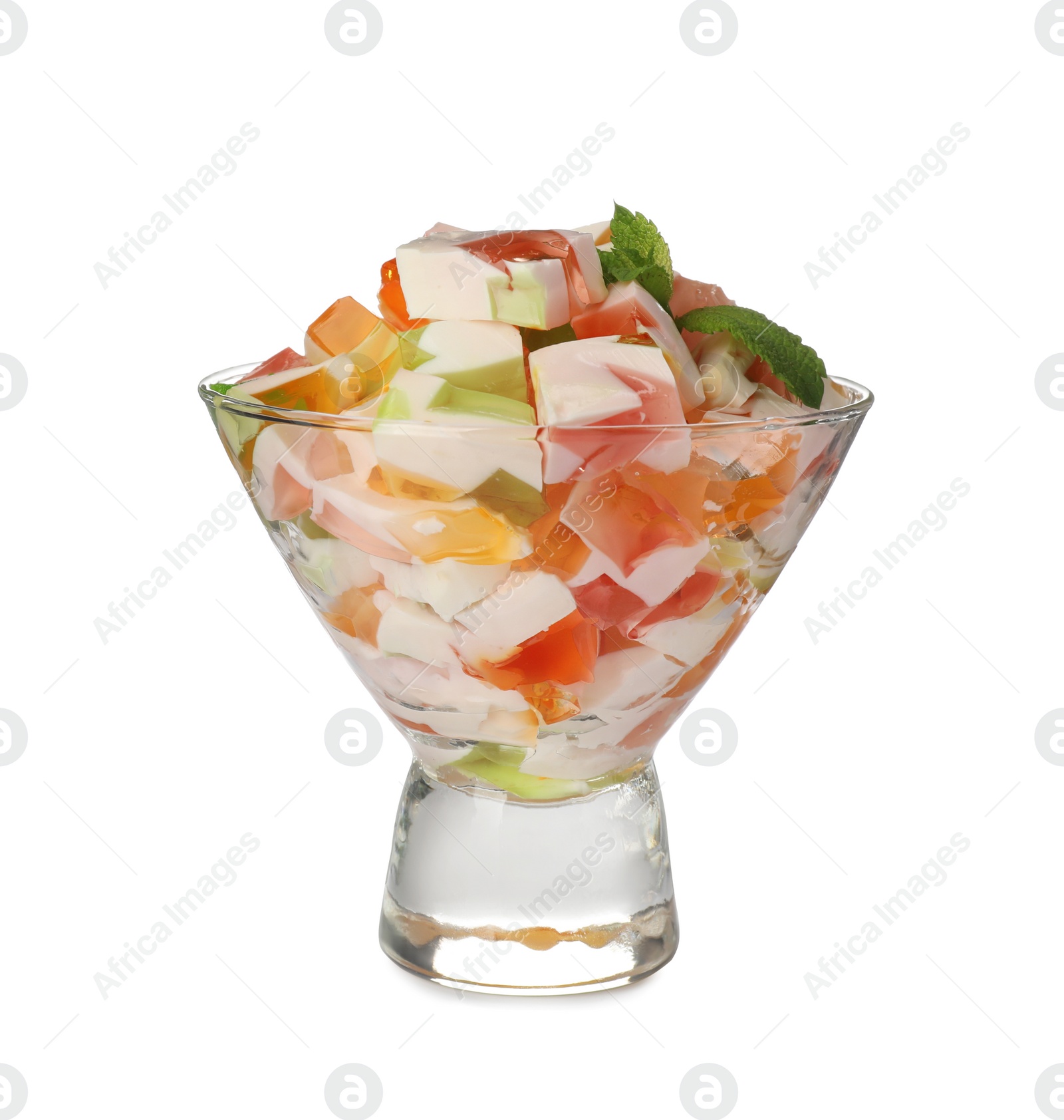 Photo of Delicious broken glass jelly dessert in bowl on white background