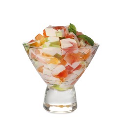 Photo of Delicious broken glass jelly dessert in bowl on white background