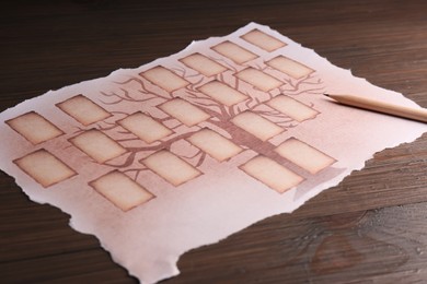Photo of Blank family tree and pencil on wooden table