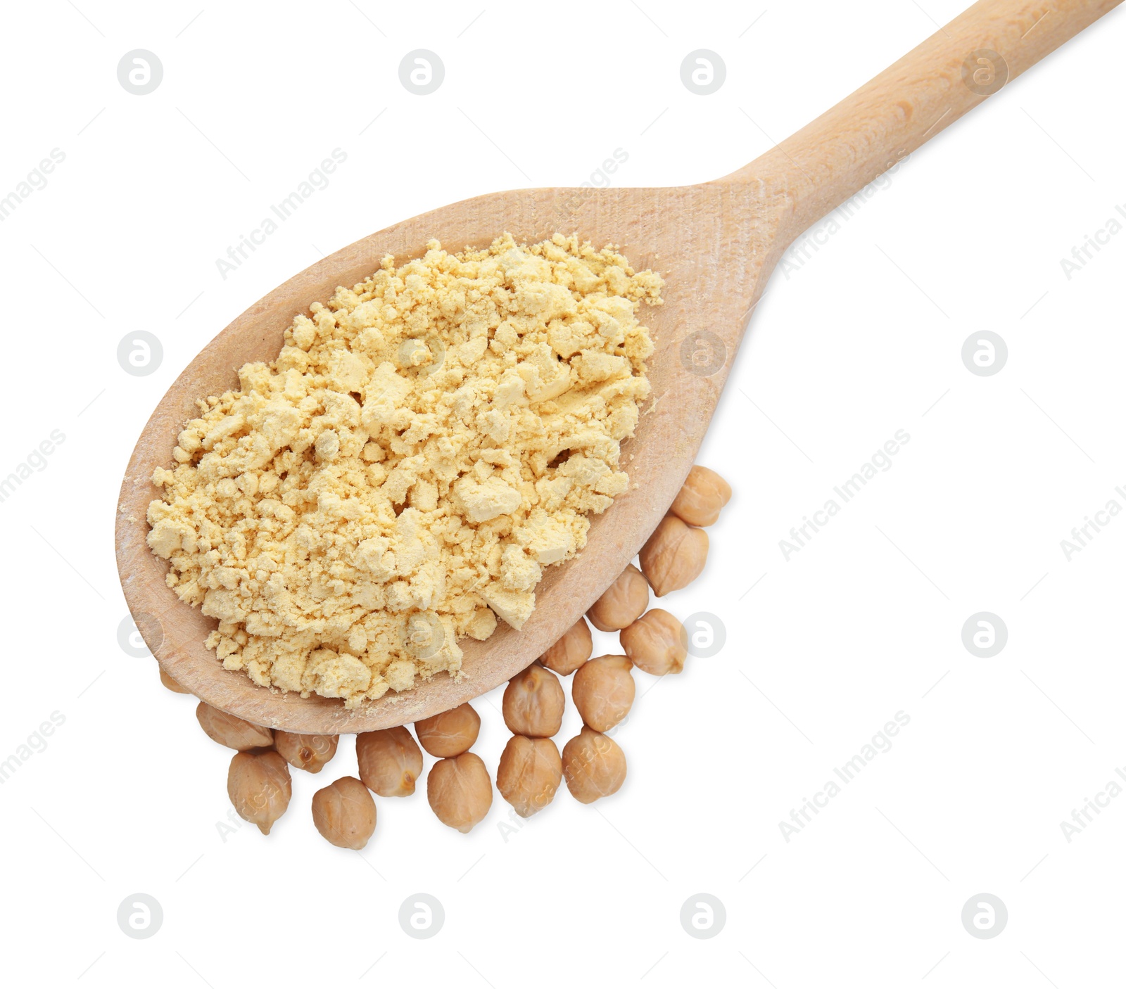 Photo of Spoon of chickpea flour and seeds isolated on white, top view