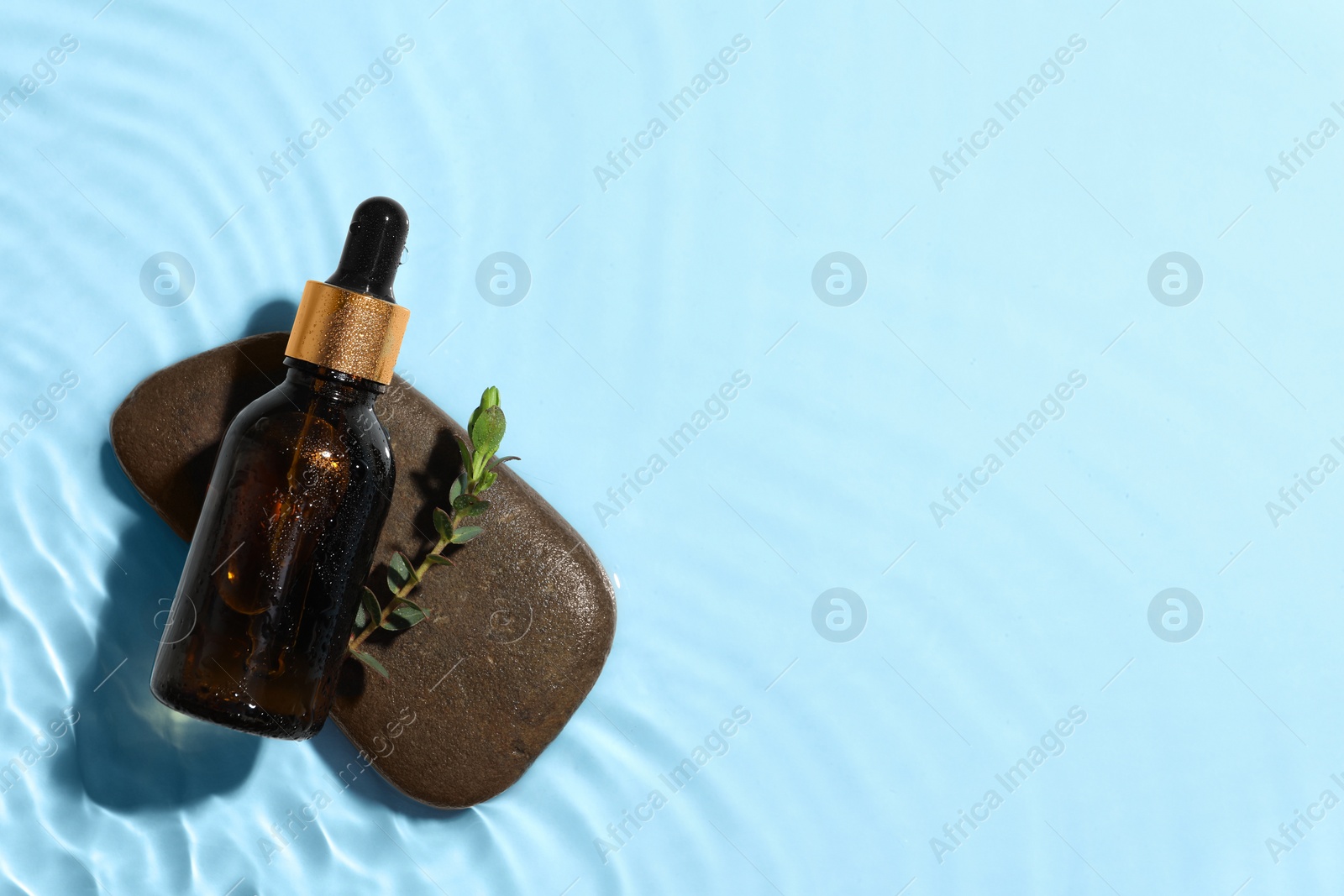 Photo of Bottle of cosmetic oil, leaves and stone in water on light blue background, top view. Space for text