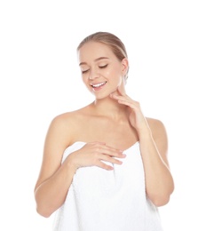 Photo of Portrait of young pretty woman with towel on white background