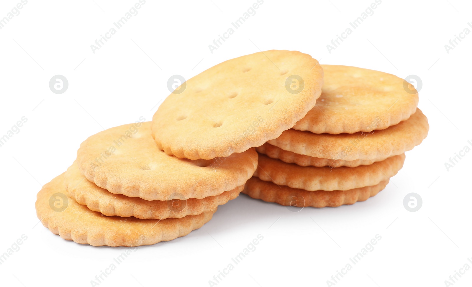Photo of Tasty crispy round crackers isolated on white