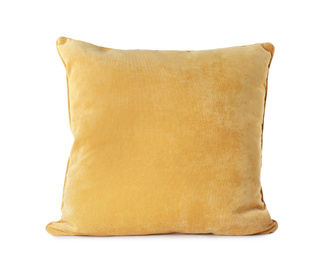 Photo of New soft yellow pillow isolated on white