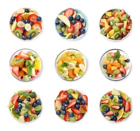 Set of delicious fruit salads in bowls isolated on white, top view