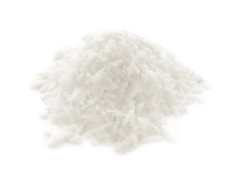 Photo of Heap of fresh coconut flakes isolated on white