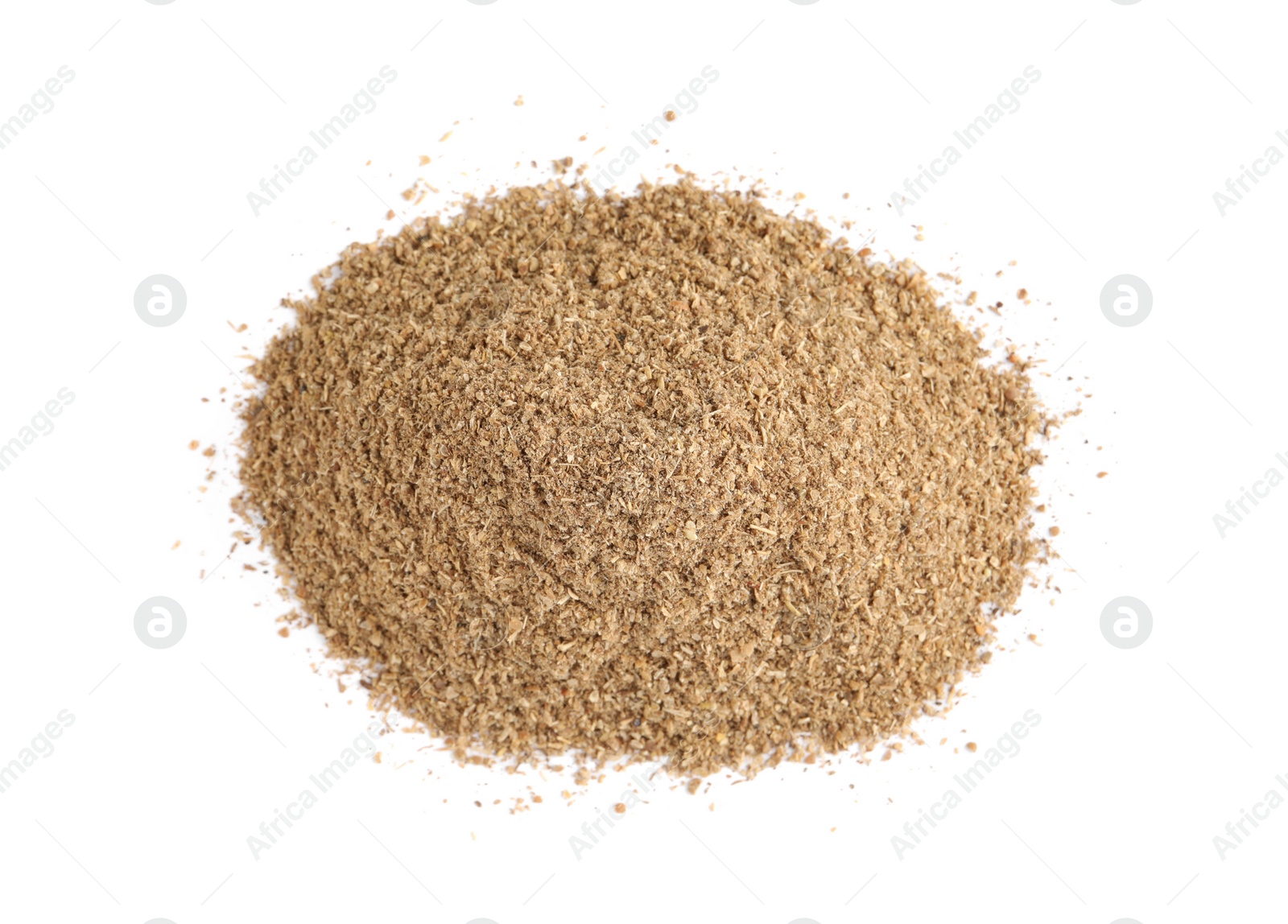 Photo of Heap of powdered coriander isolated on white, top view