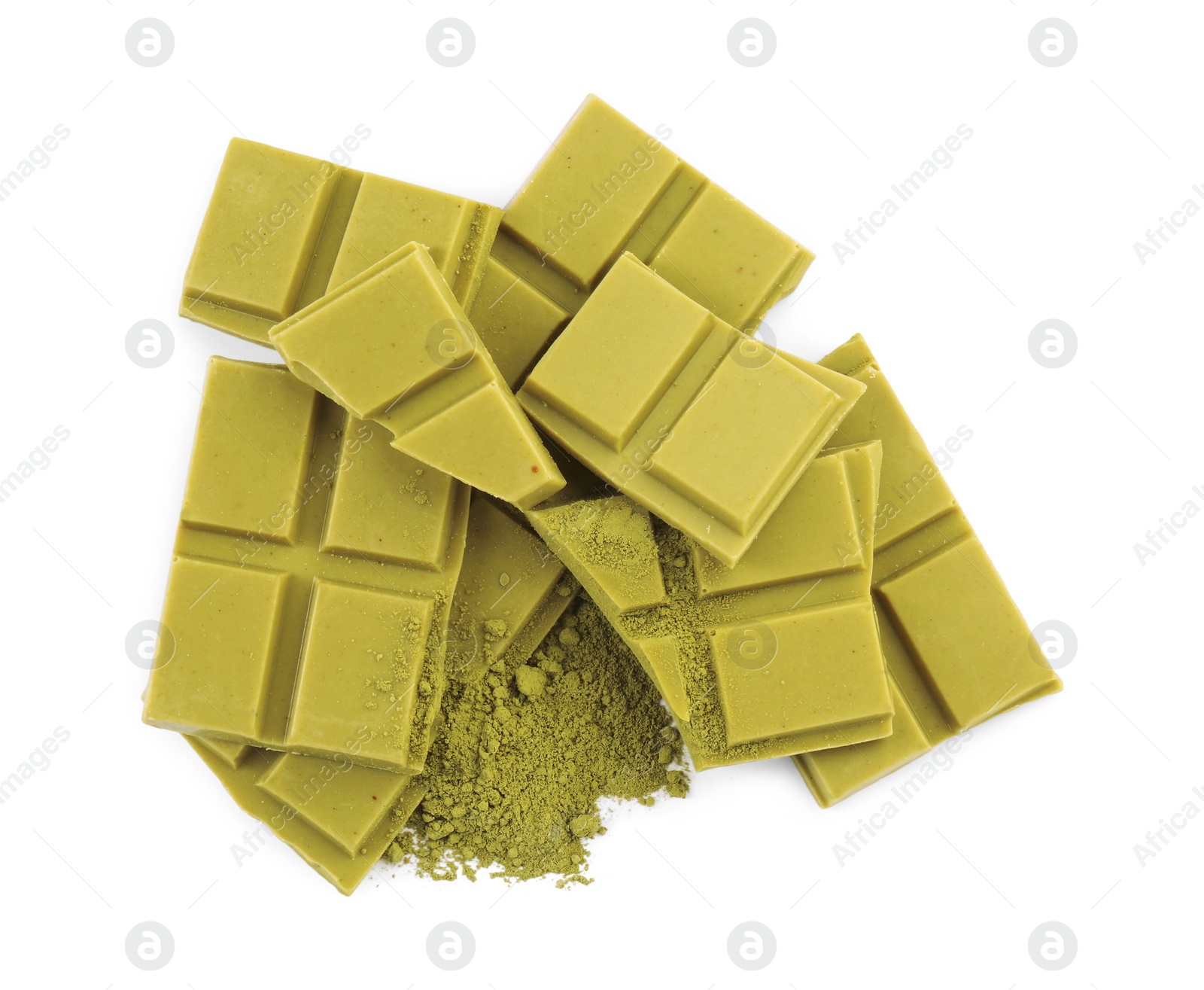 Photo of Pieces of tasty matcha chocolate bar and powder isolated on white, top view