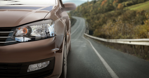 Image of Road trip. Car driving on asphalt highway, banner design 