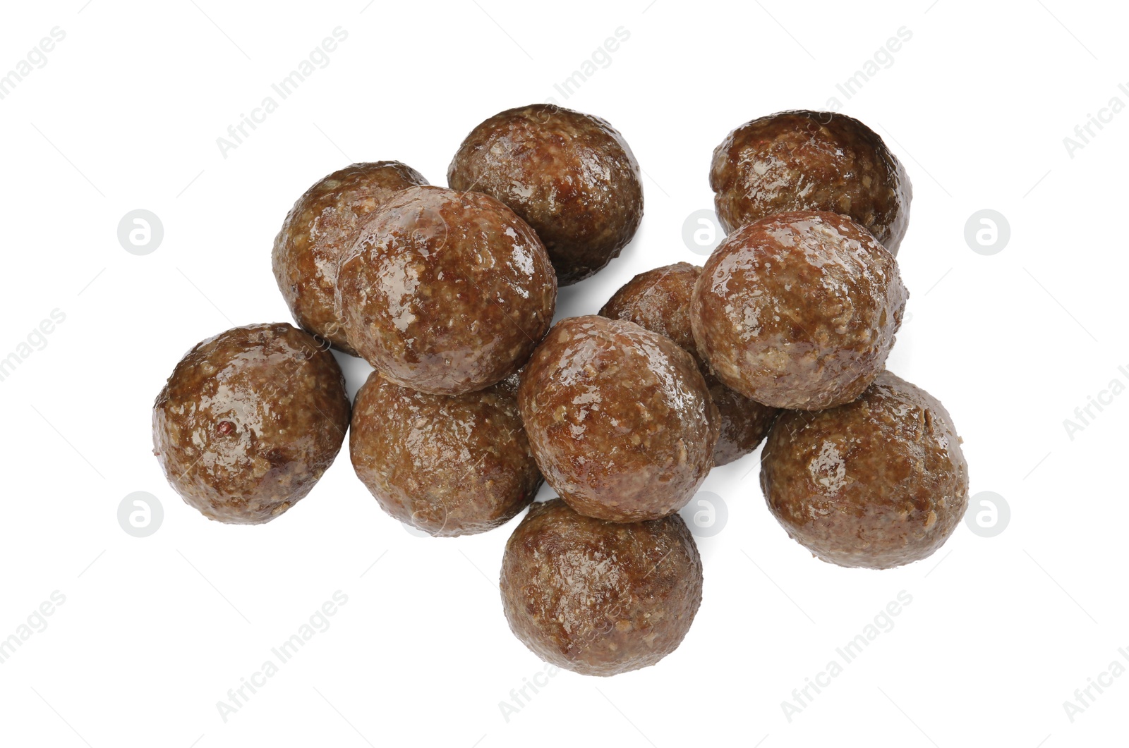 Photo of Pile of tasty cooked meatballs on white background, top view