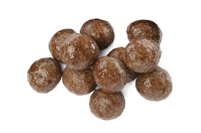 Pile of tasty cooked meatballs on white background, top view