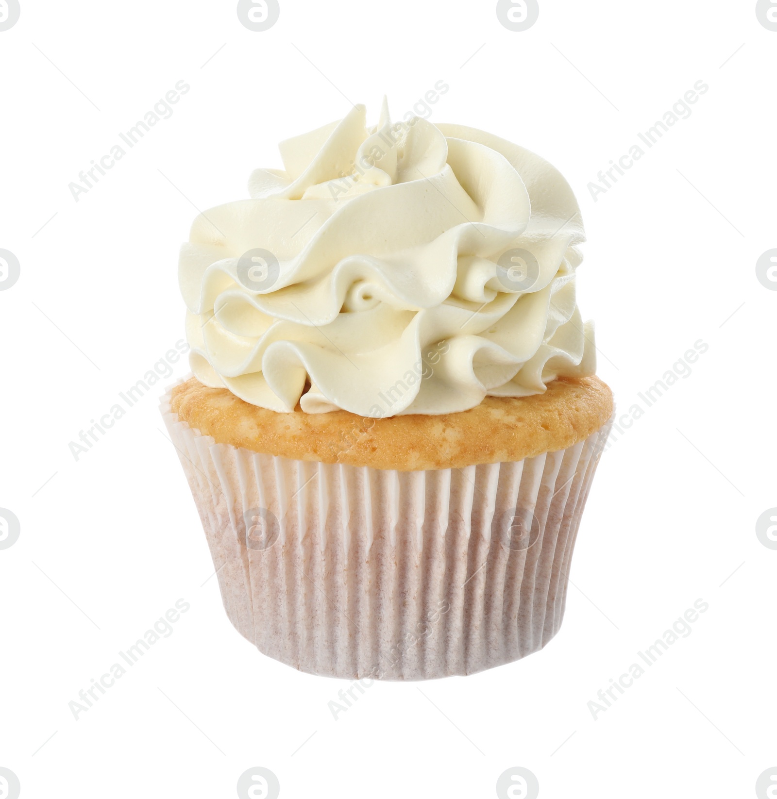 Photo of Tasty vanilla cupcake with cream isolated on white