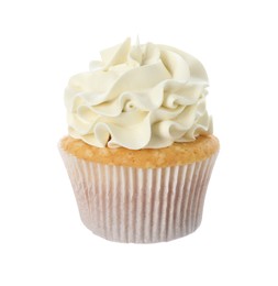 Photo of Tasty vanilla cupcake with cream isolated on white