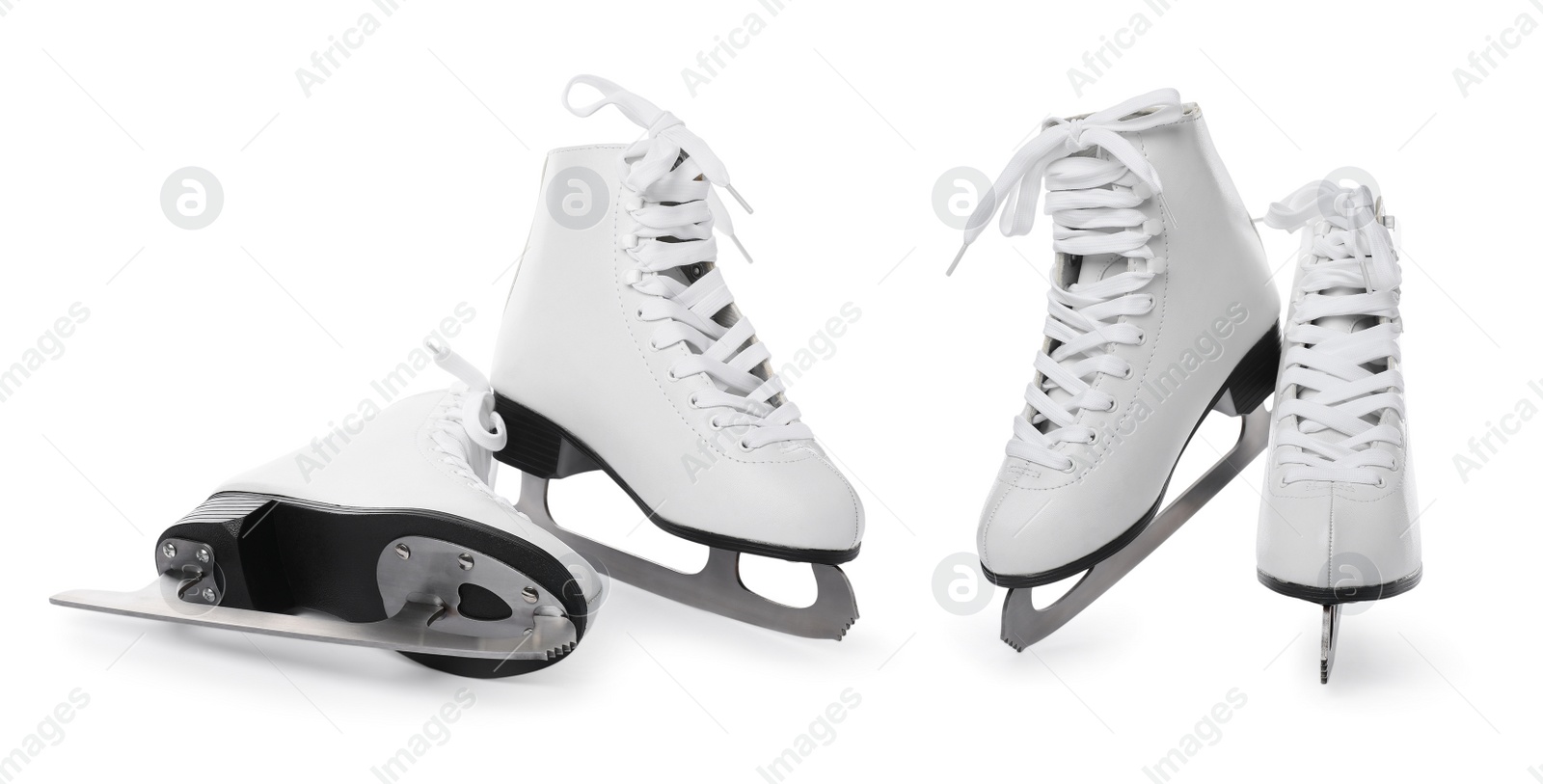 Image of Set with ice skates on white background. Banner design