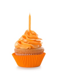 Photo of Birthday cupcake with candle on white background