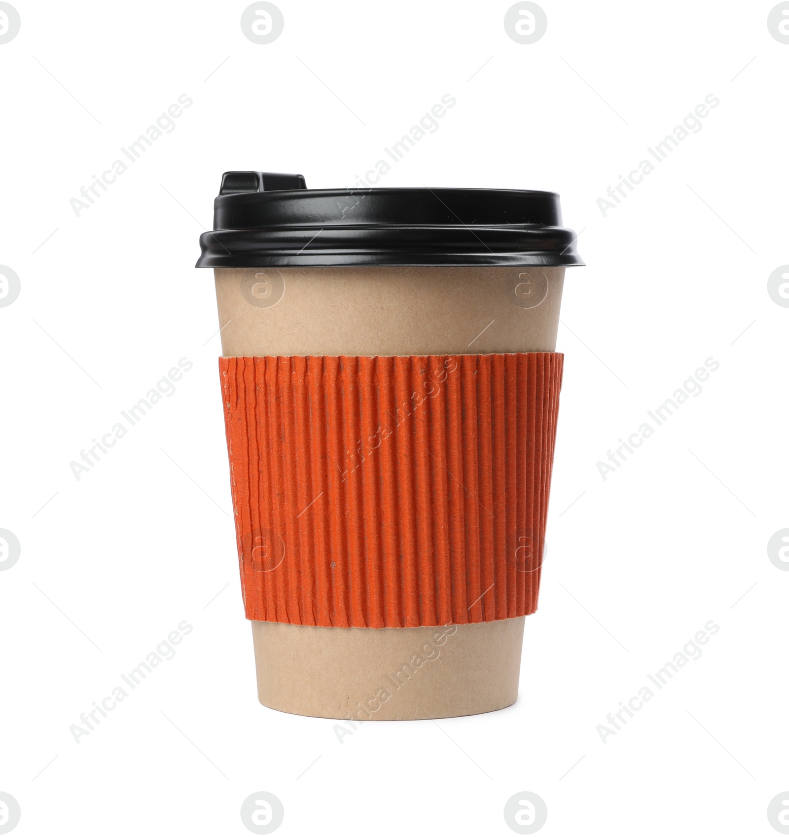 Photo of Takeaway paper coffee cup with cardboard sleeve isolated on white