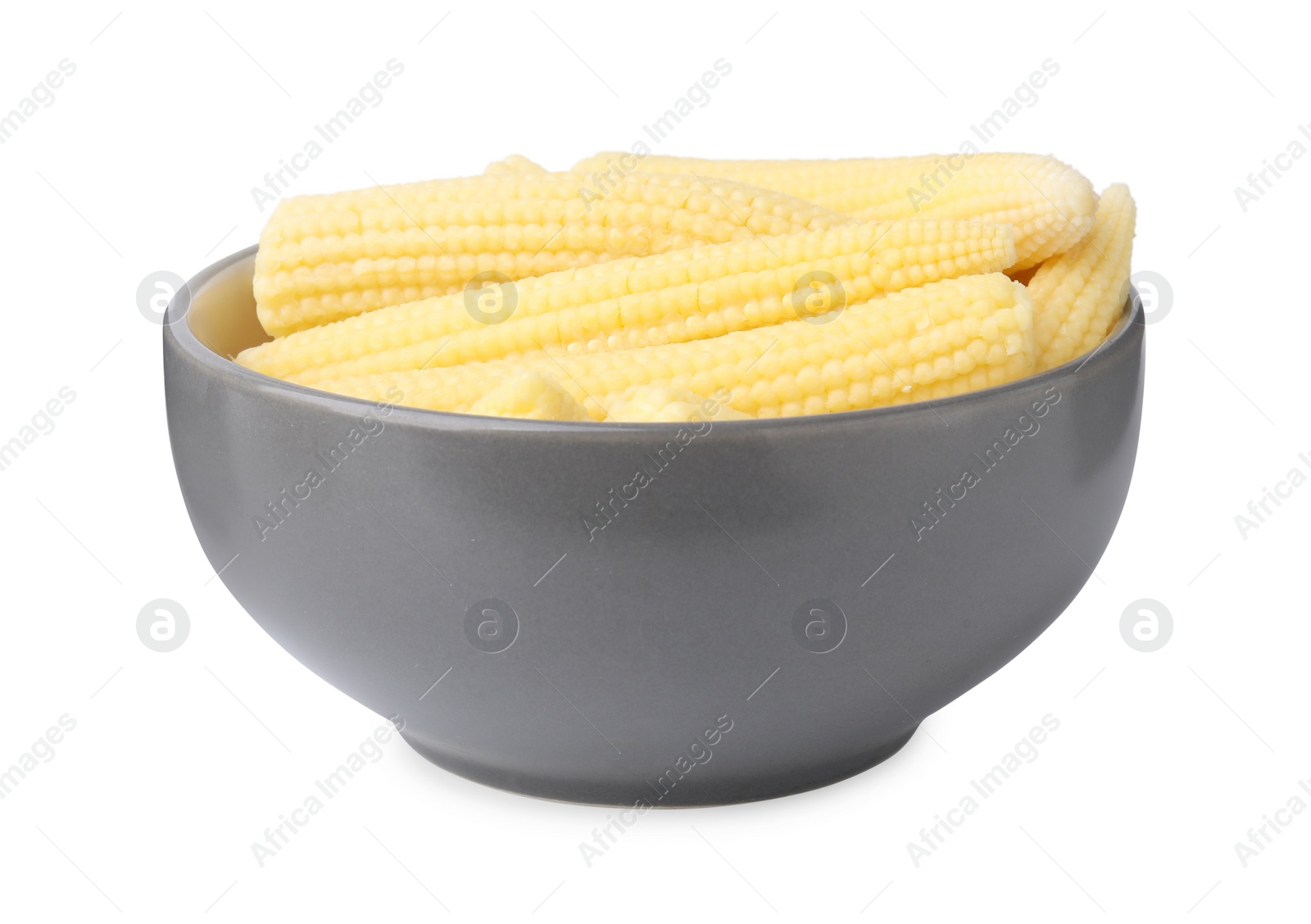 Photo of Tasty fresh yellow baby corn in bowl isolated on white