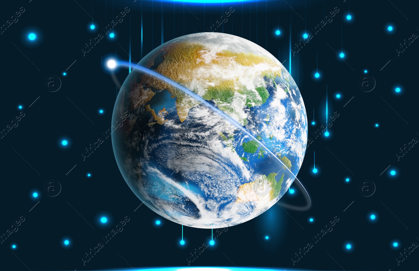 Image of Internet technology concept. Earth surrounded by satellites for network connection lines in space