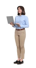 Happy businesswoman woman using laptop on white background